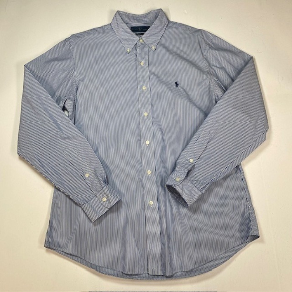 Ralph Lauren Mens Custom Fit Blue White Striped Button Down Large Blue Pony‎